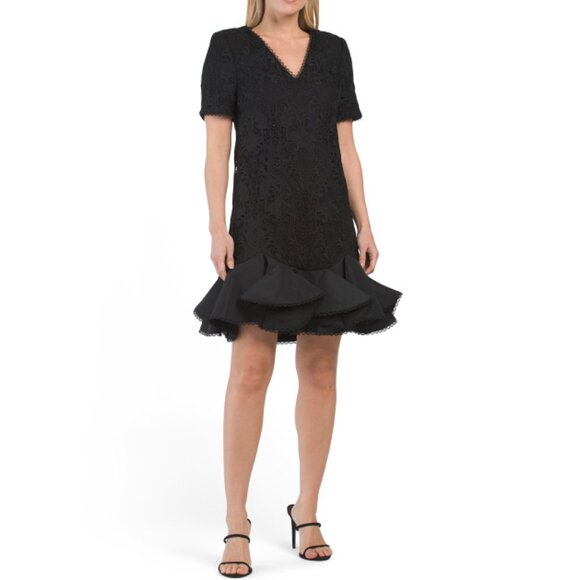 BADGLEY MISCHKA Black Lace Mini Dress With Flounce Hem